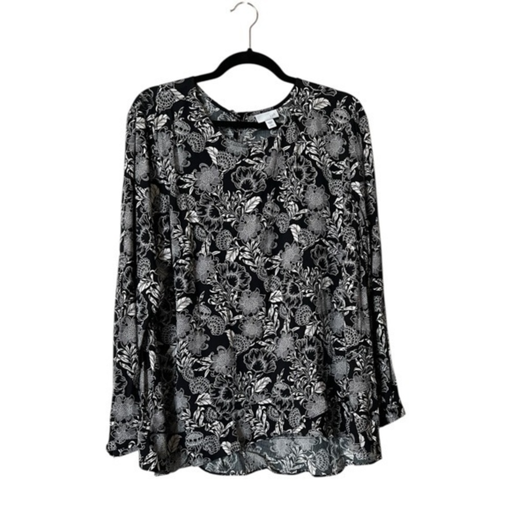 J. Jill Black & White Tropical Floral Hi-Lo Long Sleeve Popover Blouse, LP